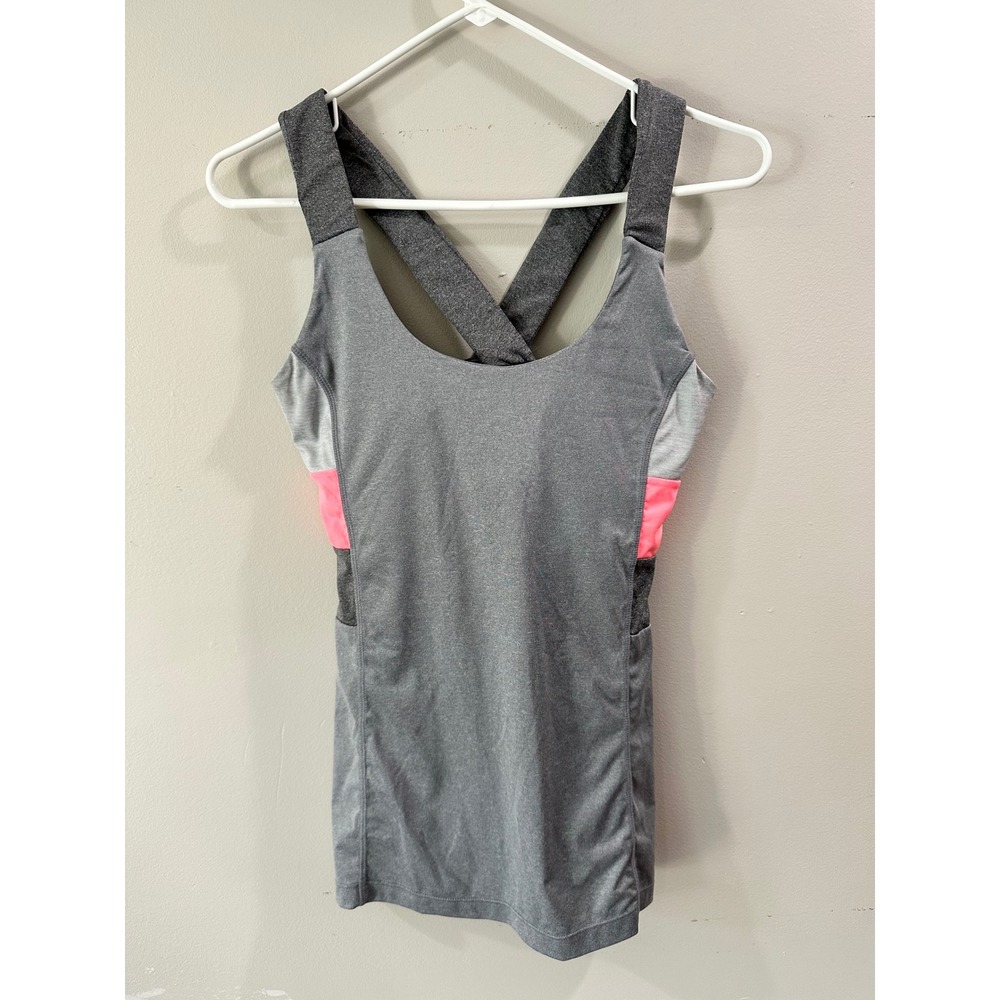 MPG Sport Womens Grey Neon Pink Criss Cross Back Active Tank Top Built-In Bra S